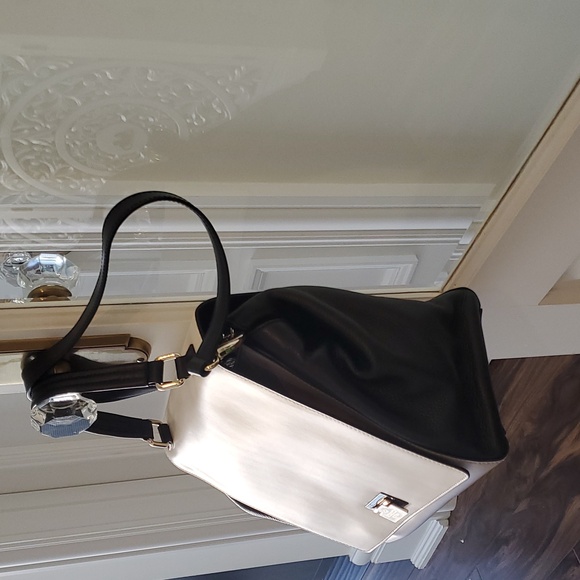 Kate Spade Off White Grey and Black Leather Handle Bag, Fold Over Tote - Picture 6 of 10